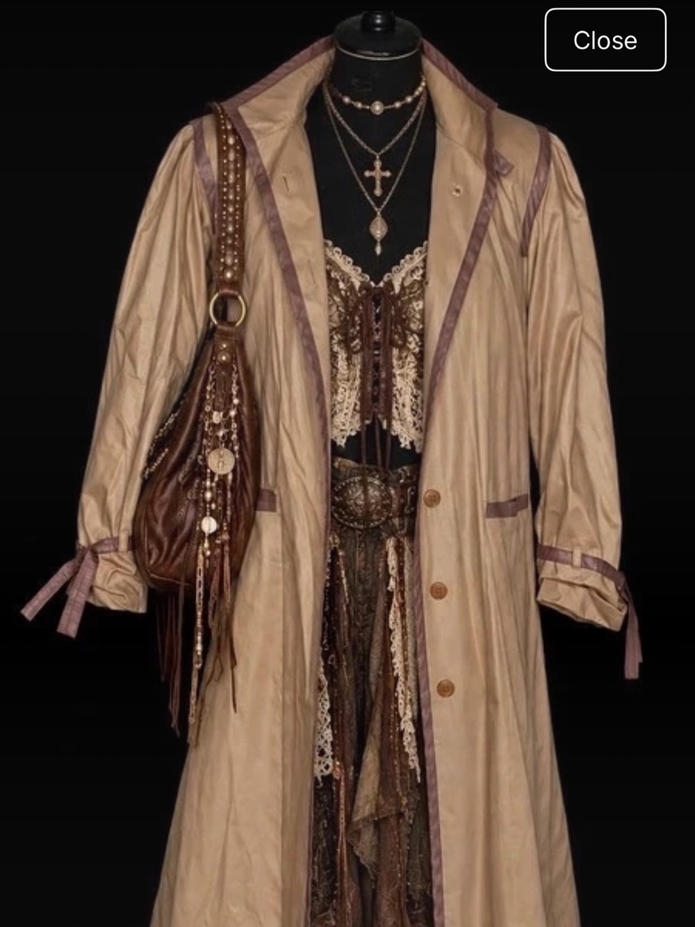 Women's Beige Long Trench Coat with Taupe Trim